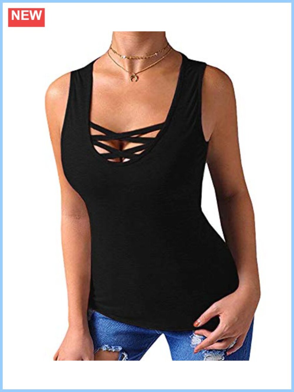 Sleeveless Criss Cross Tank Top, Soft Rayon Spandex, Casual U Neck